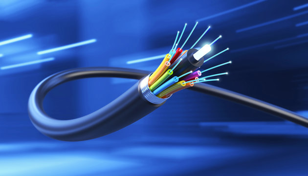 Connection of Optical fiber cable, technology background, 3d illustration.
