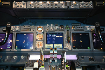 Cockpit controls of a 737 commercial airplane. Flight instruments.