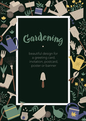 Vector vertical layout frame with garden tools, flowers, herbs, plants. Gardening equipment banner or party invitation. Cute funny spring greeting card template..