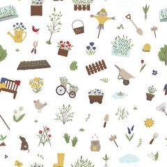 Vector seamless pattern with garden things, tools, flowers, herbs, plants. Repeat background with gardening equipment. Flat spring texture. .