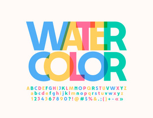 Transparent watercolor Font. Vector bright Alphabet Letters, Numbers and Symbols. 