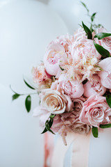 Fluffy pink peonies flowers background copy space