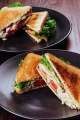 Sandwich bread tomato, lettuce and yellow cheese for breakfast