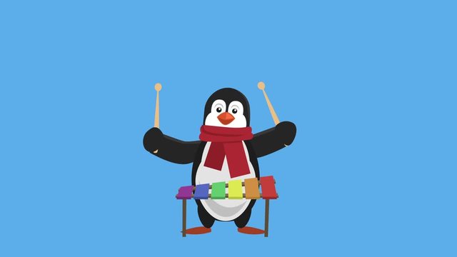 Cartoon Little Penguin Flat Christmas Character Play Xylophone Animation Includes Matte