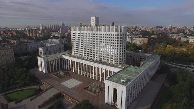 Flying over the city buildings aerial Moscow House Government of the Russian Fed