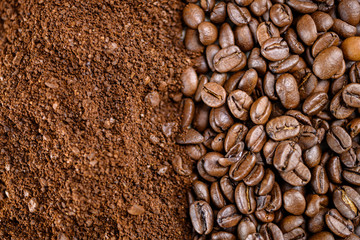Coffee beans and ground coffee from above close up