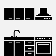 Kitchen room icon with cooker, hood, sink and furniture