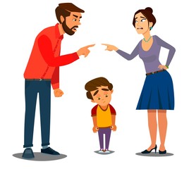 Divorce. Family conflict. Couple man and woman swear and child close his ears. Cartoon characters.
