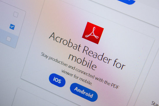 Ryazan, Russia - July 11, 2018: Adobe Acrobat Reader for mobile, software logo on the official website of Adobe.