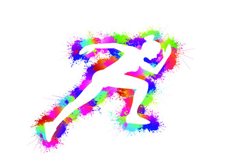 Fototapeta na wymiar Running logo design. Sports background. Colorful splash paint. Icon, Symbol, Silhouette, Exercises, Fitness, Healthcare, Medical. Vector illustration.
