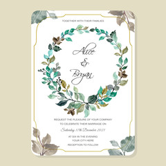 wedding invitation card with watercolor leaves wreath