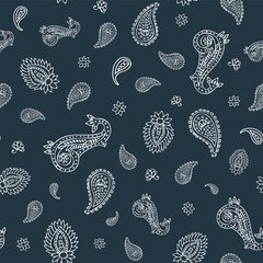 Paisley simple ethnic seamless vector pattern background in dark gray and white colors for fabric, wallpaper, scrapbooking projects or backgrounds.
