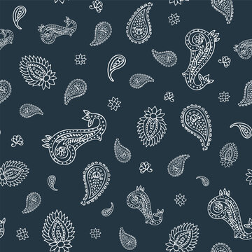 Paisley simple ethnic seamless vector pattern background in dark gray and white colors for fabric, wallpaper, scrapbooking projects or backgrounds.