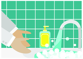 Bathroom sink full of water and soap bubbles, with water running from the faucet, and a bottle of liquid soap standing next to it, and man's hands reaching the sink. Washing hands concept.