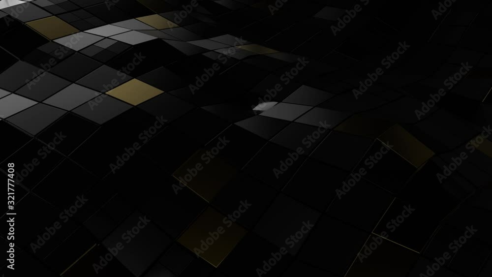 Poster 3d render of dark wavy surface segmented into squares. dark and gold segments. deformed wavy modern 