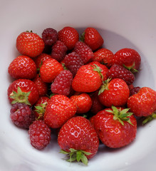 Erdbeeren und Himbeeren in einer weißen Schüssel. Gesundes Frühstück, frisch geerntet