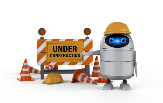 Android robot with under construction sign