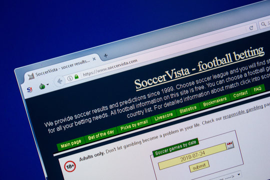 Ryazan, Russia - July 24, 2018: Homepage of SoccerVista website on the display of PC. Url - SoccerVista.com .