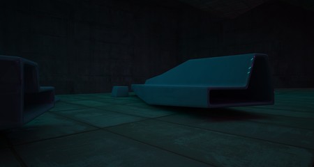 Abstract architectural concrete and rusted metal interior of a minimalist house with colored neon lighting. 3D illustration and rendering.