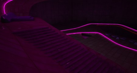 Fototapeta premium Abstract architectural concrete and rusted metal interior of a minimalist house with colored neon lighting. 3D illustration and rendering.