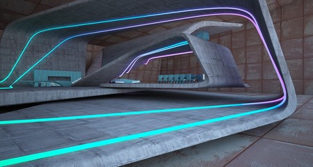Abstract architectural concrete and rusted metal interior of a minimalist house with colored neon lighting. 3D illustration and rendering.
