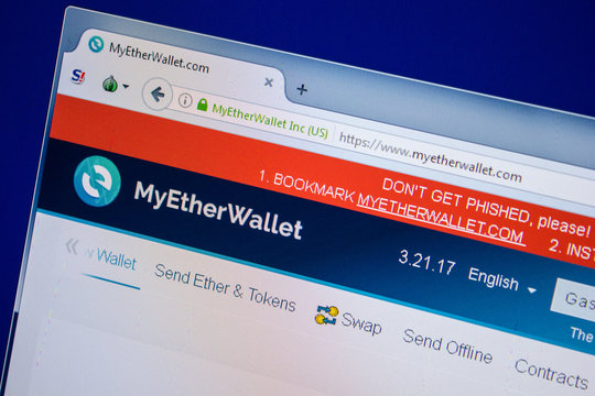 Ryazan, Russia - July 24, 2018: Homepage of MyEtherWallet website on the display of PC. Url - MyEtherWallet.com .