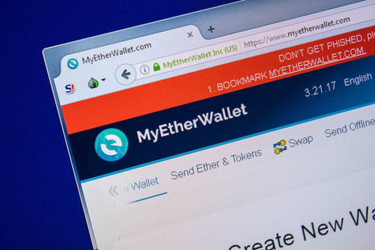 Ryazan, Russia - July 24, 2018: Homepage of MyEtherWallet website on the display of PC. Url - MyEtherWallet.com .