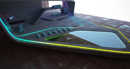 Abstract architectural concrete and rusted metal interior of a minimalist house with colored neon lighting. 3D illustration and rendering.