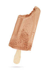 Bitten chocolate ice cream popsicle isolated on white