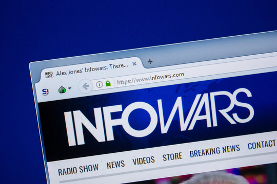 Ryazan, Russia - July 24, 2018: Homepage of InfoWars website on the display of PC. Url - InfoWars.com .