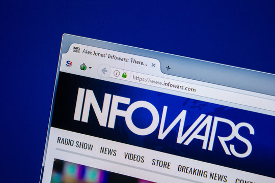 Ryazan, Russia - July 24, 2018: Homepage of InfoWars website on the display of PC. Url - InfoWars.com .