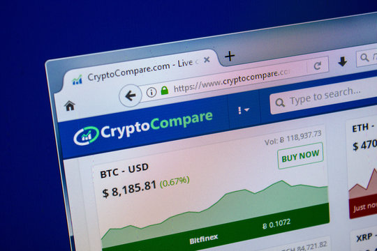Ryazan, Russia - July 25, 2018: Homepage of CryptoCompare website on the display of PC. Url - CryptoCompare.com .