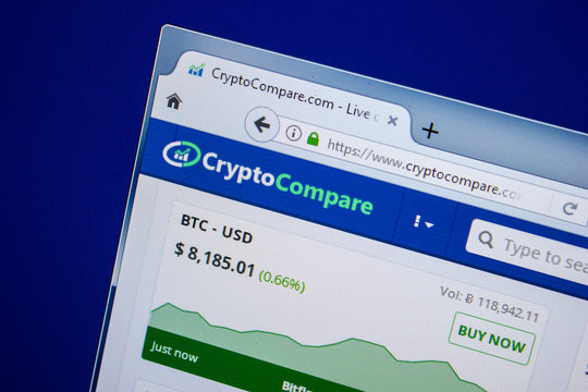 Ryazan, Russia - July 25, 2018: Homepage of CryptoCompare website on the display of PC. Url - CryptoCompare.com .