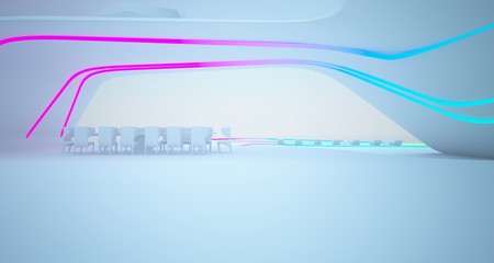 Abstract architectural white interior of a modern villa on the sea with colored neon lighting. 3D illustration and rendering.