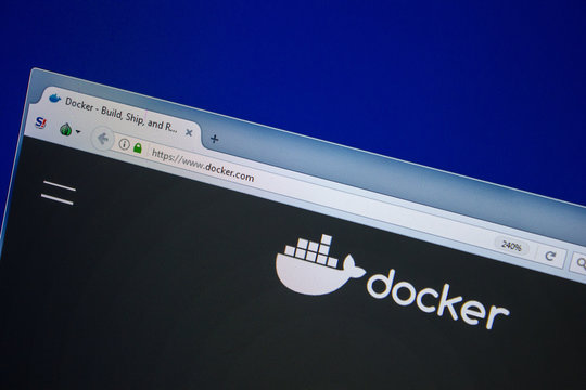 Ryazan, Russia - July 25, 2018: Homepage of Docker website on the display of PC. Url - Docker.com .