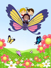 Stickman Kids Ride Butterfly Flower Illustration
