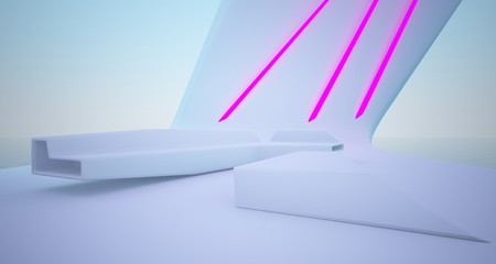 Abstract architectural white interior of a modern villa on the sea with colored neon lighting. 3D illustration and rendering.
