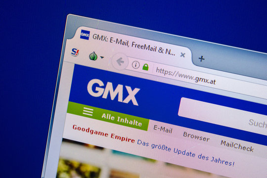 Ryazan, Russia - July 25, 2018: Homepage of GMX website on the display of PC. Url - GMX.at .