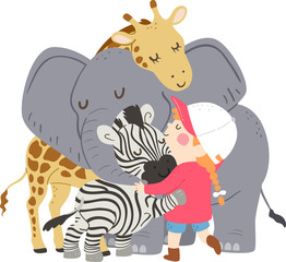 Kid Girl Animals Group Hug Illustration