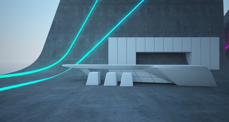 Abstract architectural concrete interior of a modern villa on the sea with colored neon lighting. 3D illustration and rendering.