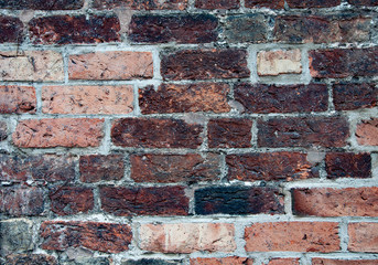 Old red cracked brick wall texture. Surface and backound for web design.