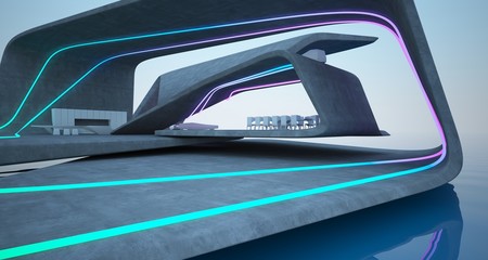 Abstract architectural concrete interior of a modern villa on the sea with colored neon lighting. 3D illustration and rendering.