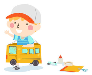 Kid Boy Play Box Bus Craft Illustration