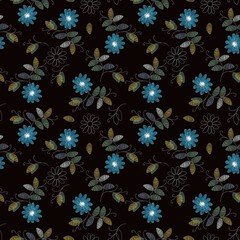 Fototapeta na wymiar Embroidery design. Beautiful seamless pattern with blue flowers on black background. Fancywork print for fabric.