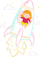 Kid Girl Draw Chalk Rocket Ship Illustration