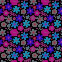 Ditsy seamless pattern with pink, blue and grey flowers. Floral print for fabric and textile. Fashion design.