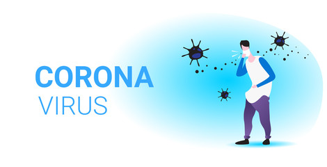 man in mask coughing feeling sickness epidemic MERS-CoV bacteria floating influenza virus cells wuhan coronavirus 2019-nCoV pandemic medical health risk full length horizontal vector illustration