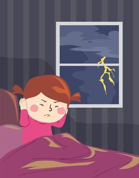 Kid Girl Fear Of Thunder Lightning Illustration