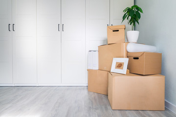 Fototapeta premium A lot of cardboard boxes with things to move. Check-in to a new apartment or office. Flower in a pot, frame and documents collected for moving