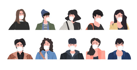set people wearing mask to prevent epidemic MERS-CoV wuhan coronavirus 2019-nCoV pandemic medical health risk men women cartoon characters collection portrait horizontal vector illustration